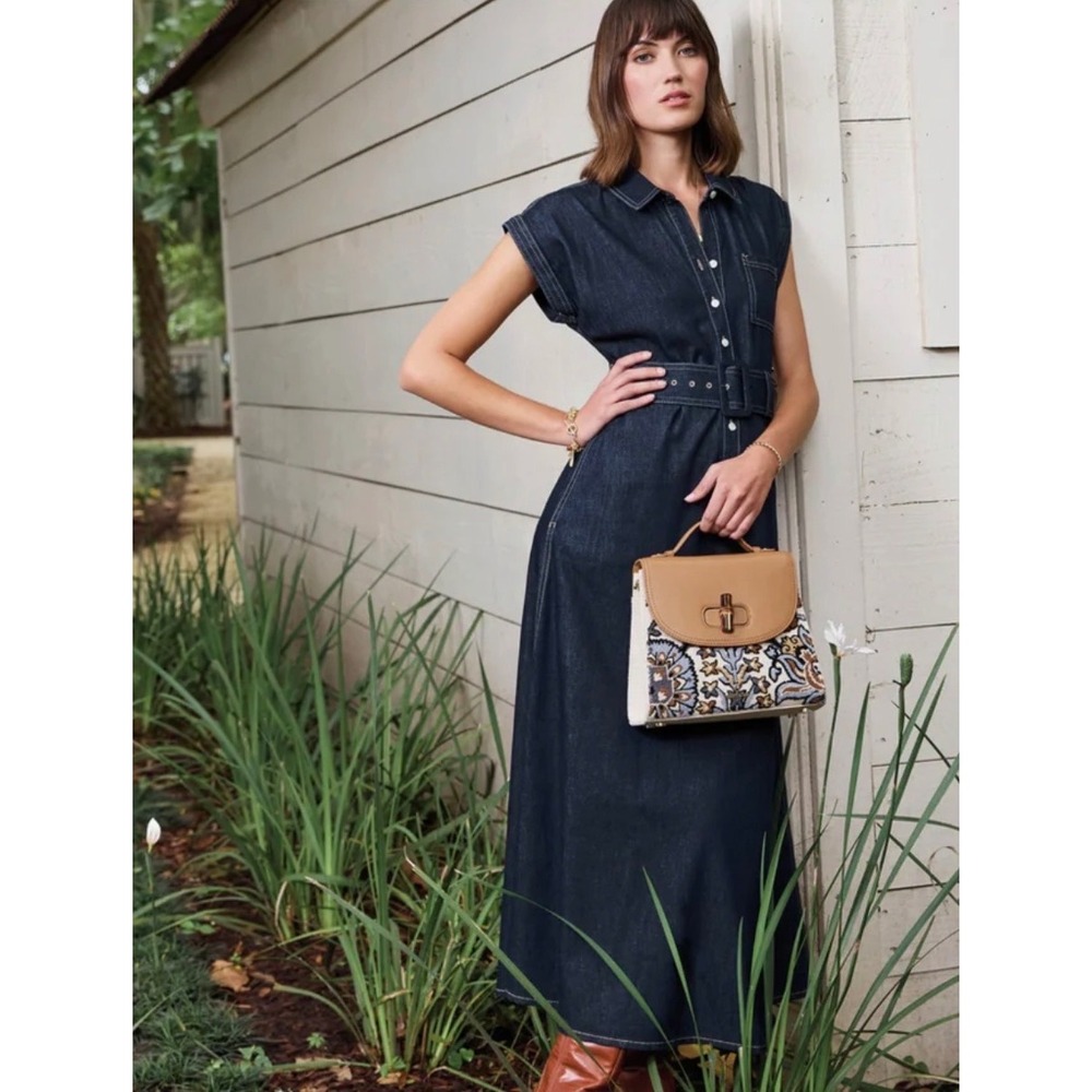 Spartina 449 Libbie Denim Midi Dress Womens M Dark Bayou Rinse Belted Preppy